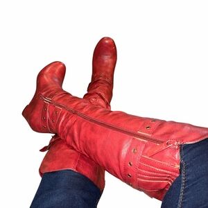 Forever Young ALKA Red Over The Knee Wedge Boots - Size 6